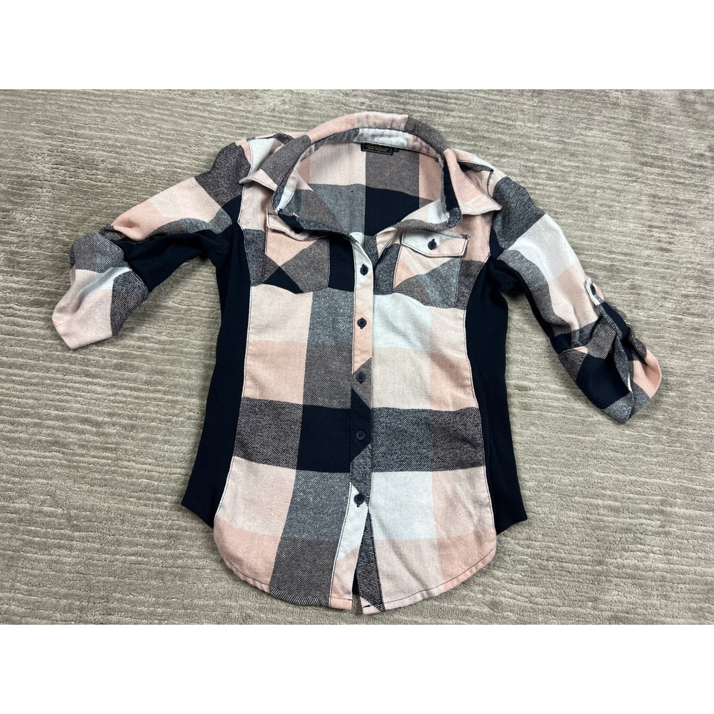 Cavalini Button Down Womens S Navy Pink Plaid Flannel PTP42M Ribbed Side Shirt